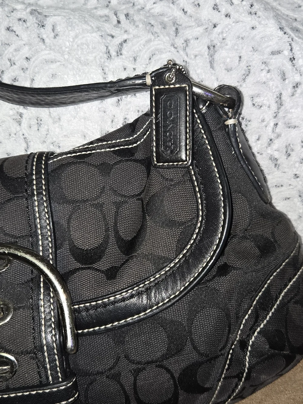 Vintage Y2K Coach Black Signature Shoulder Bag with Silver Buckle